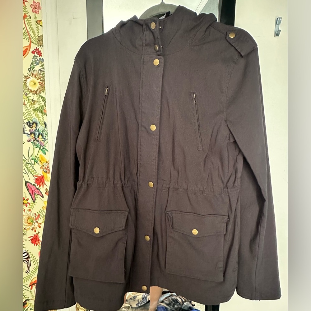 Society distressed Black Utility Jacket with Hood and Cinched Waist